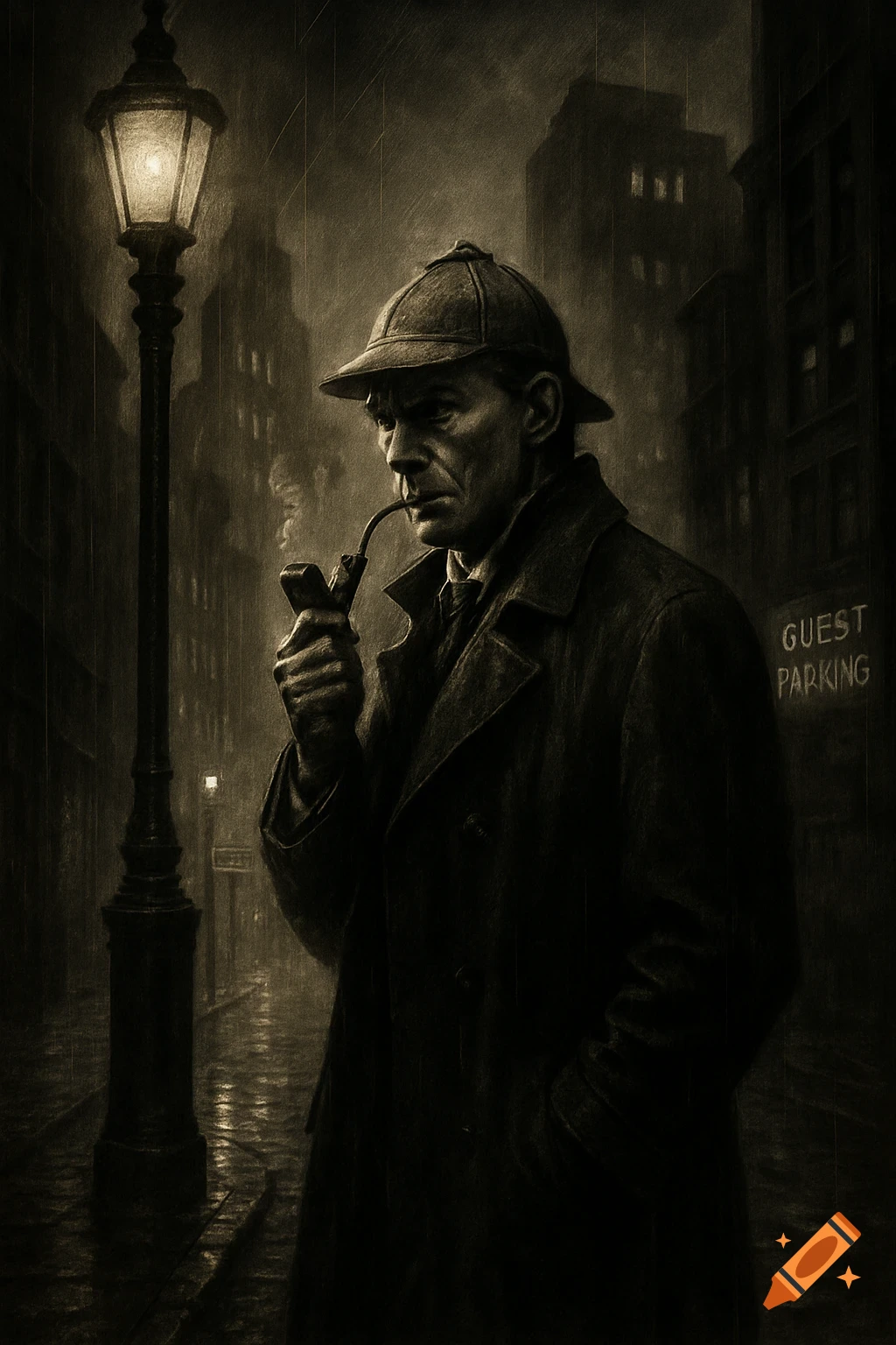 Monochromatic film noir illustration of a detective-like man with a pipe and deerstalker hat under a streetlamp on a rainy street, with a "GUEST PARKING" sign.