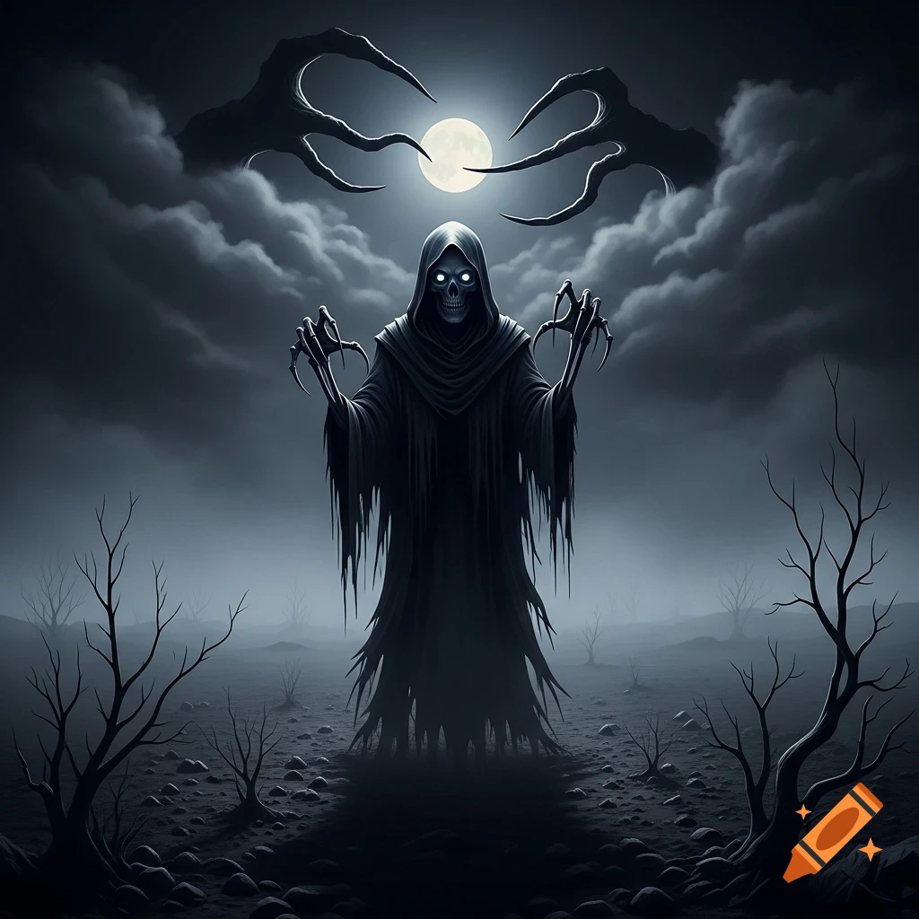 A glowing-eyed skeletal grim reaper figure with clawed hands stands in ...