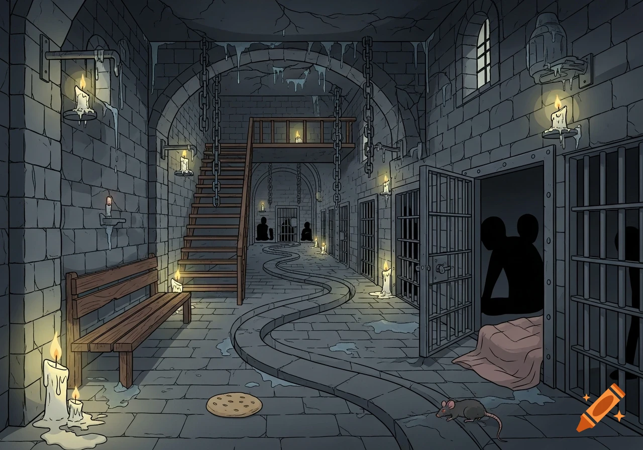 A cartoon-style dungeon with stone walls, multiple cells with shadowy figures, a wooden staircase, lit candles, a rat, and flat bread on the floor.