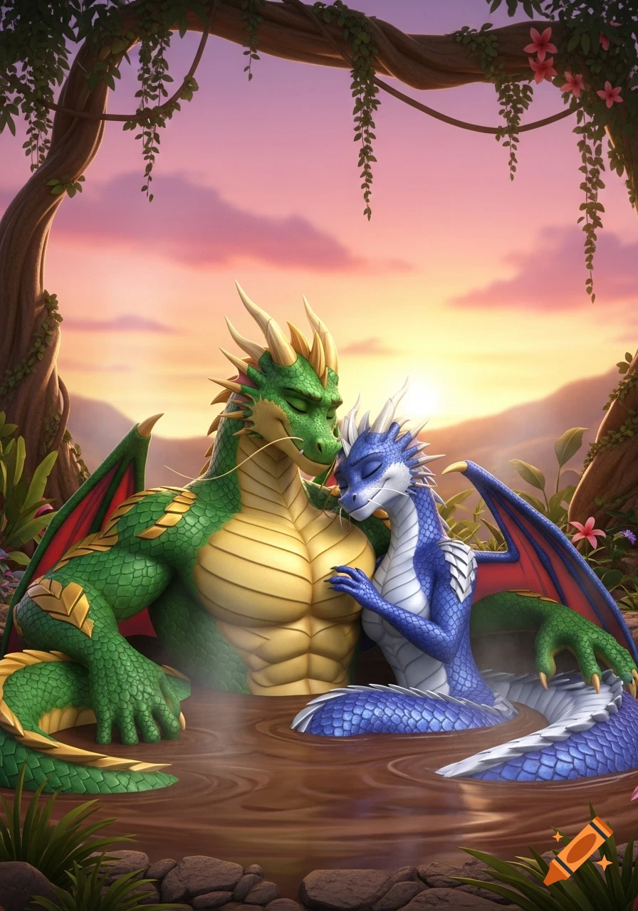 A green and a blue anthropomorphic dragon embrace in a mud hot tub in a jungle at sunset, in a 3D animation style.
