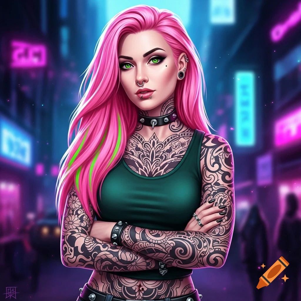 Digital art portrait of a woman with neon pink hair, green eyes, facial piercings, and full arm tattoos, against a blurred neon cityscape.