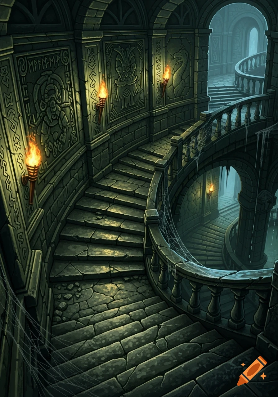 A dark, atmospheric fantasy dungeon features stone winding stairs descending into mist, lit by torches on walls carved with ancient symbols and monstrous faces.