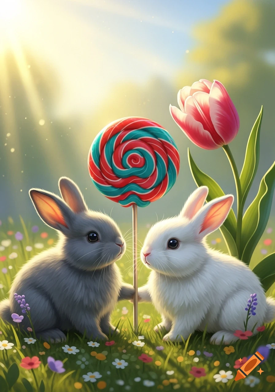 A grey and a white bunny in a sunny, flowery field, next to a large red and blue lollipop and a pink tulip.