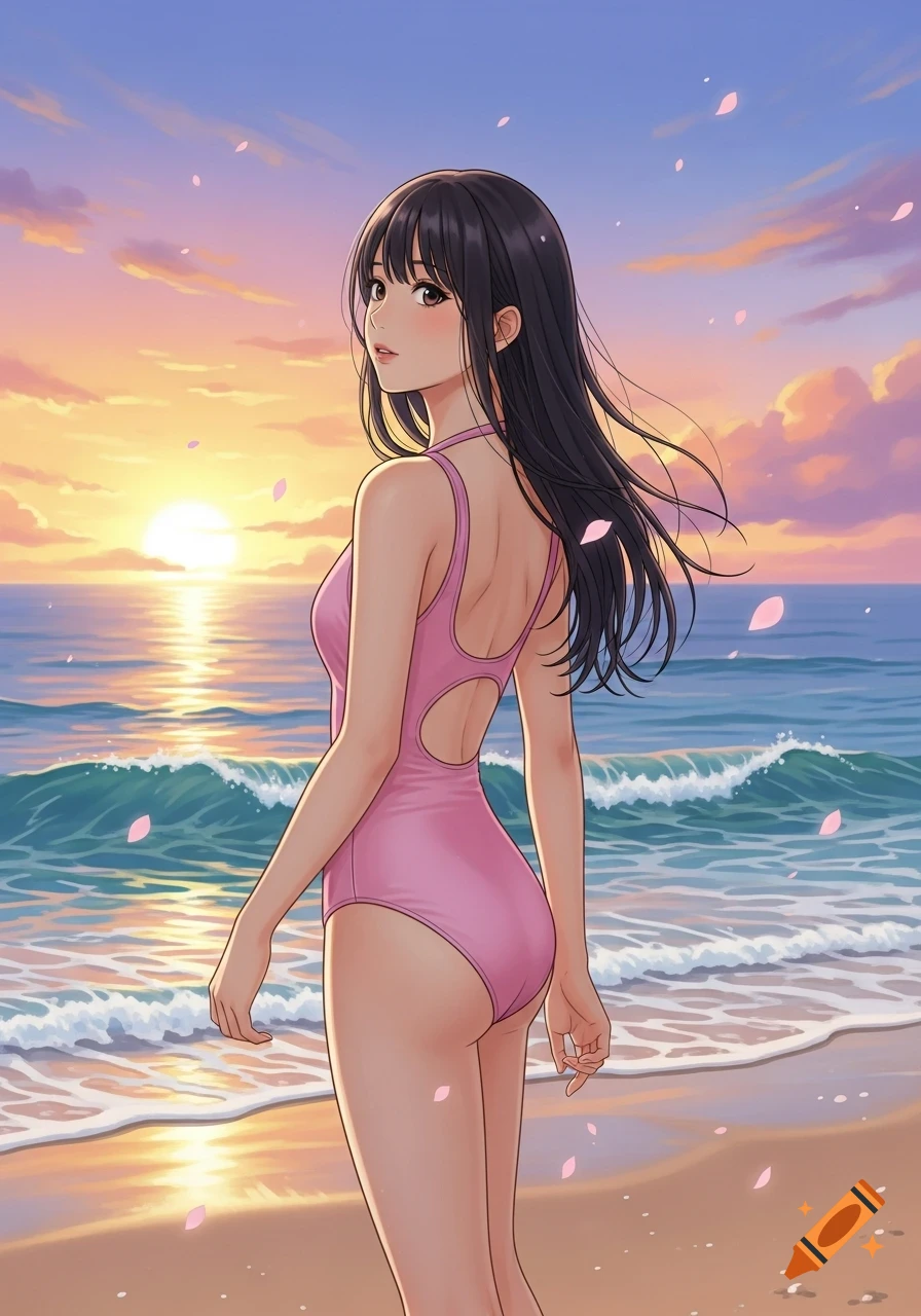 Anime girl in a pink swimsuit on a beach at sunset, looking back over her shoulder with pink petals.