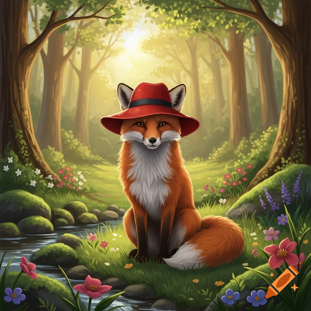 A charming illustrated fox wearing a red fedora sits by a stream in a sunny, enchanted forest filled with wildflowers.