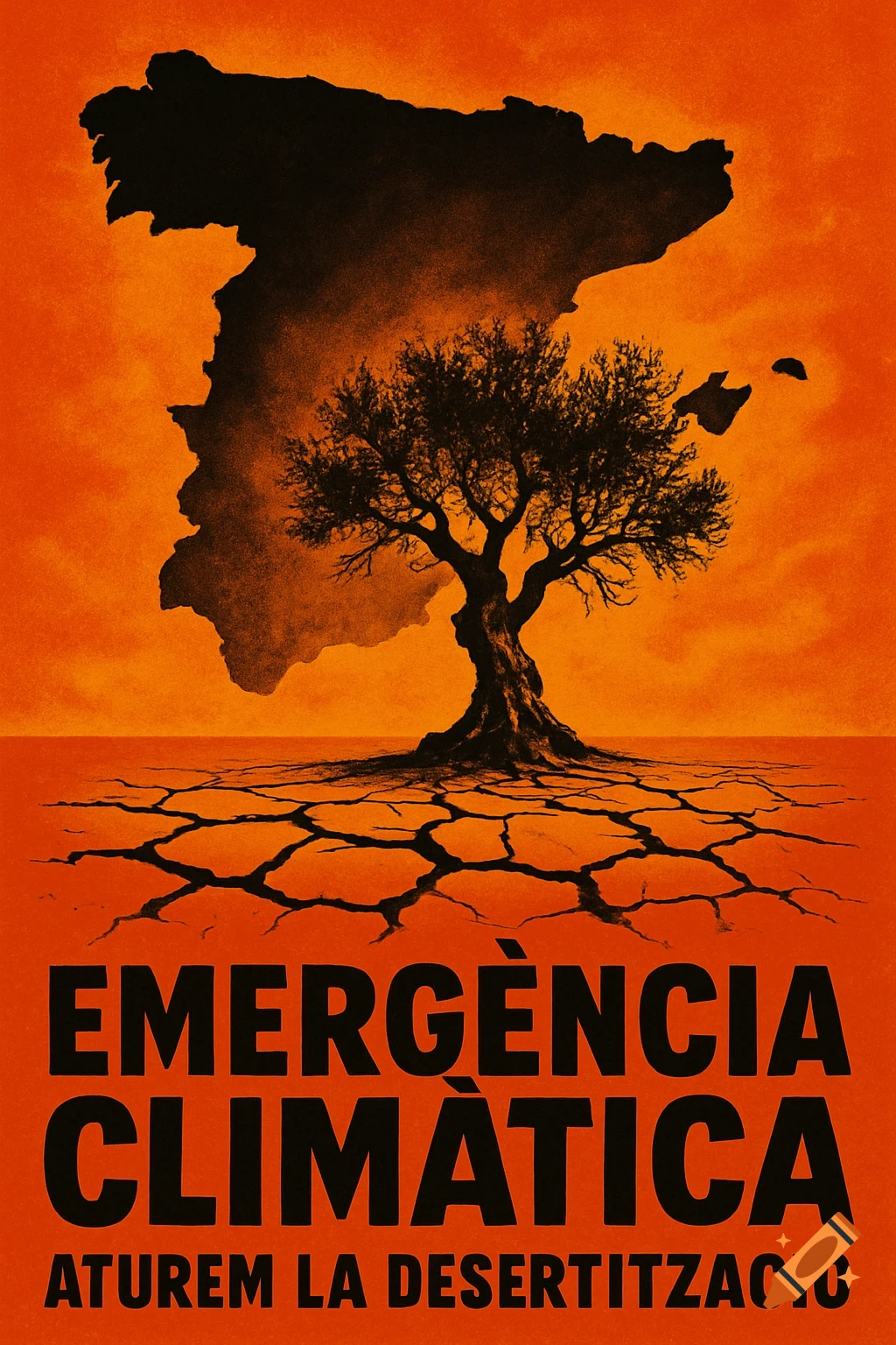 Climate change protest poster: Iberian Peninsula silhouette over cracked earth with a lone olive tree, orange and black, with Catalan text.