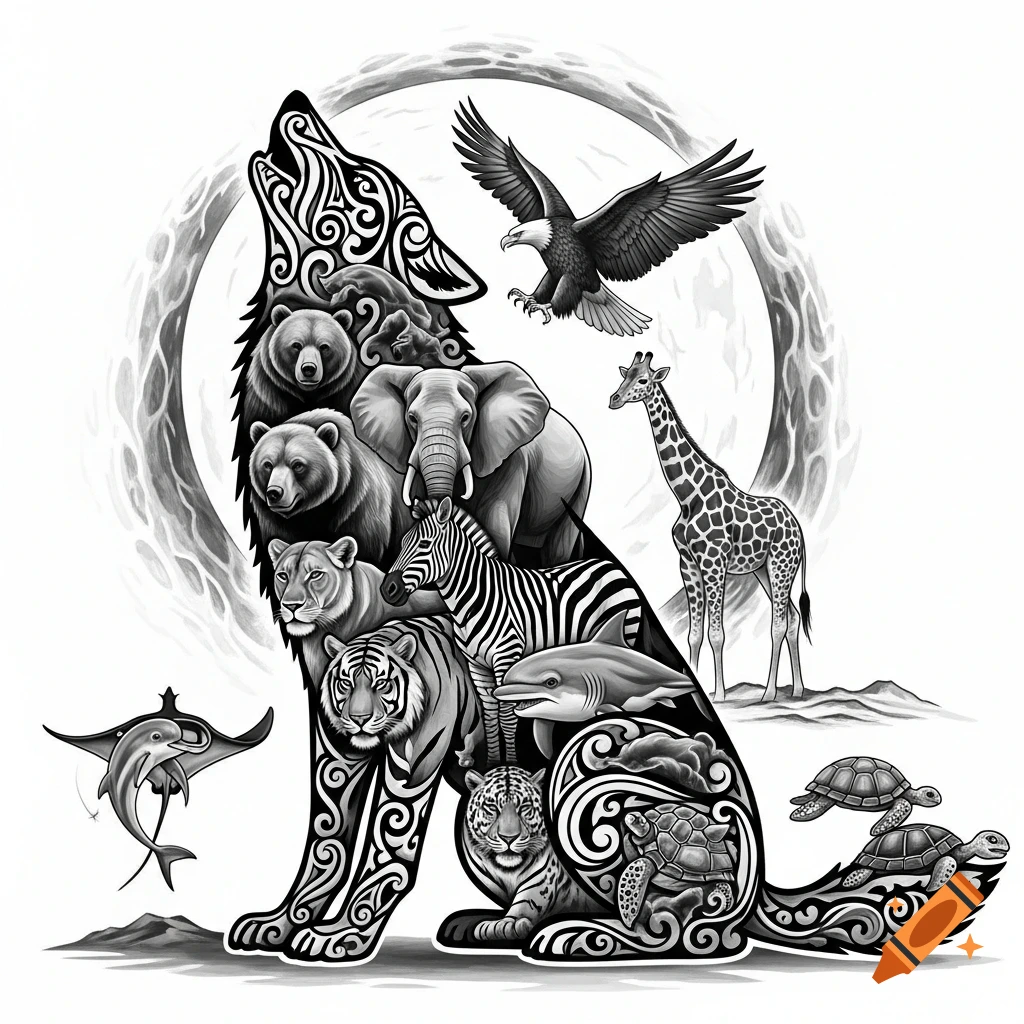 A black and white Maori-style tattoo design of a howling wolf filled with various animals, including bears, an elephant, a tiger, and a zebra, against a moon background.