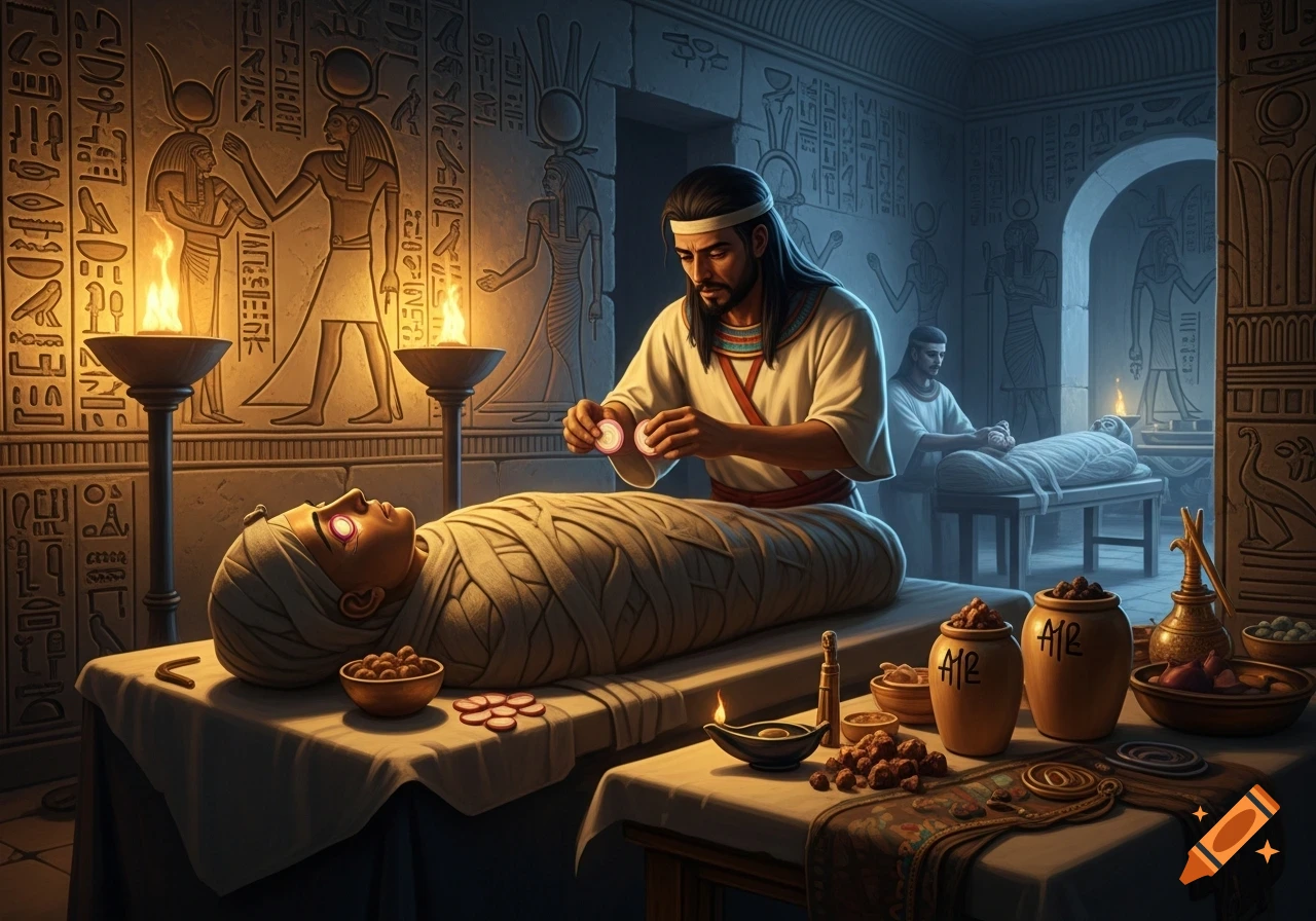 An ancient Egyptian mummification ritual inside a hieroglyph-adorned tomb. A priest places onions on a mummy's eyes while another works on a mummy in the background.