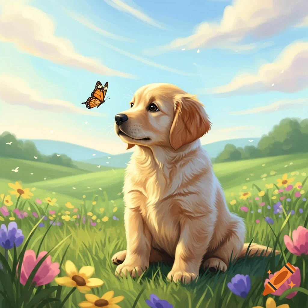 An illustrated golden retriever puppy sits in a sunny field of colorful flowers, looking at a butterfly.