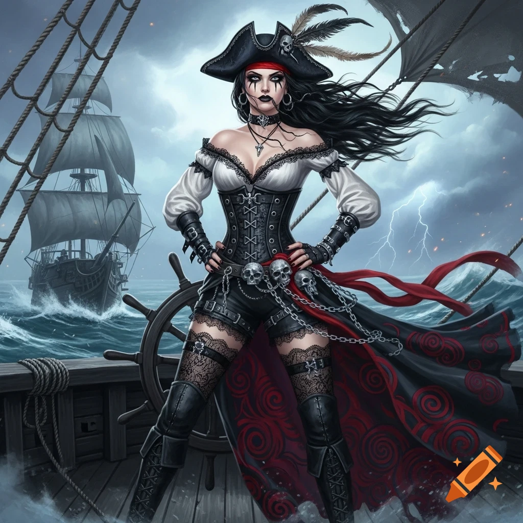 A goth pirate woman in a feathered hat and dark attire stands on a ship's deck with a stormy sea and another ship behind her, digital art.