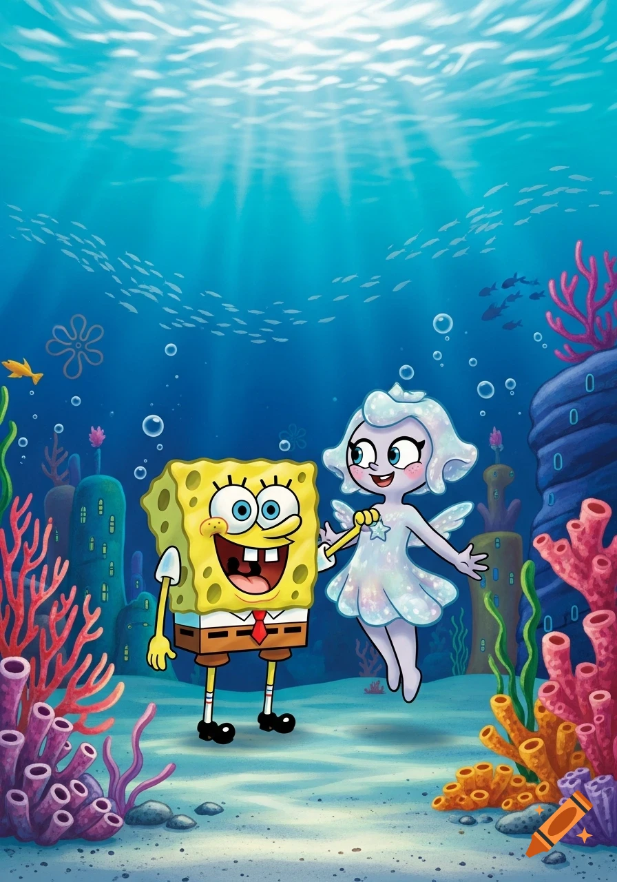 SpongeBob SquarePants and a stylized Pomni character pose underwater amidst colorful coral reefs in a vibrant cartoon style.
