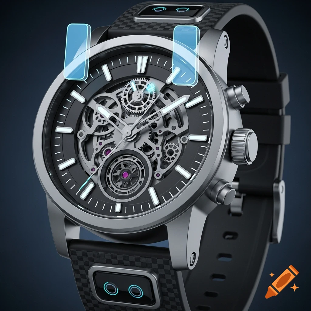 A close-up of a futuristic men's mechanical watch with a black and silver skeleton face, glowing blue accents, and a black textured strap.
