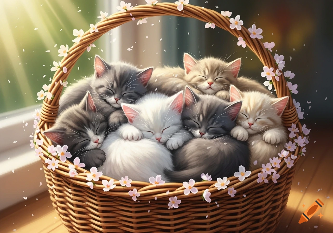Fluffy grey, white, and tan kittens sleep peacefully in a woven basket decorated with white flowers, bathed in soft sunlight.