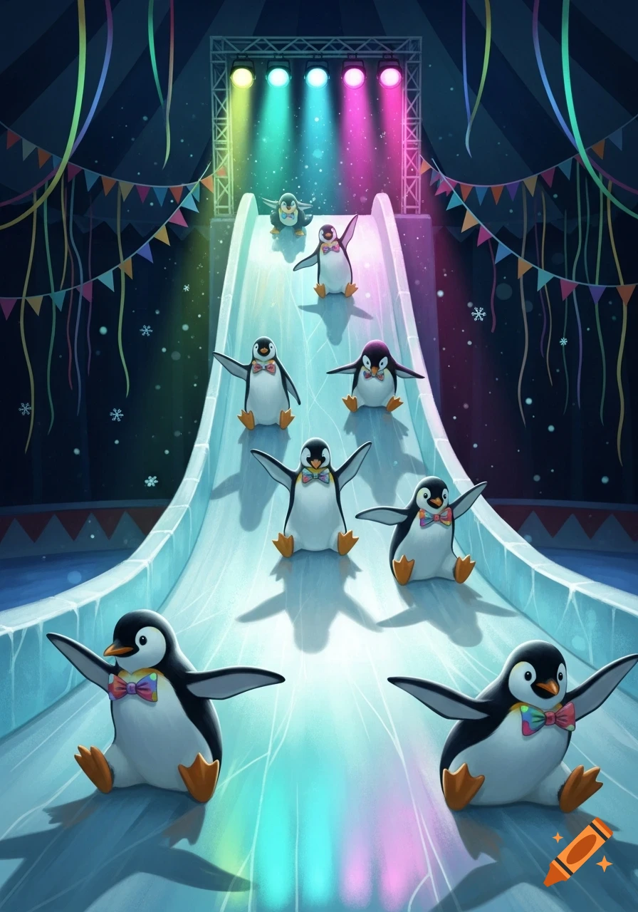 Cartoon penguins sliding down a lit ice ramp under colorful circus decorations and stage lights.