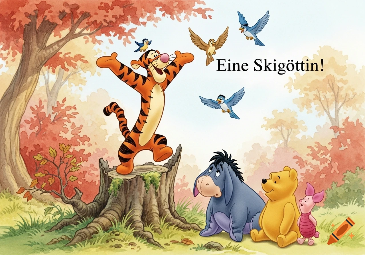 Disney Winnie the Pooh characters: Tigger on a stump, Pooh, Piglet, Eeyore in an autumn forest. Birds fly around 'Eine Skig\