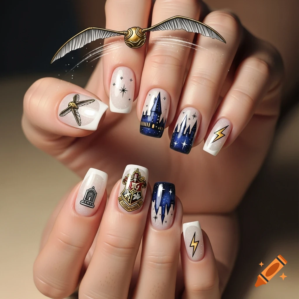 Close-up of a hand with Harry Potter-themed nail art, including the Golden Snitch, Hogwarts castle, lightning bolts, and the Hogwarts crest.