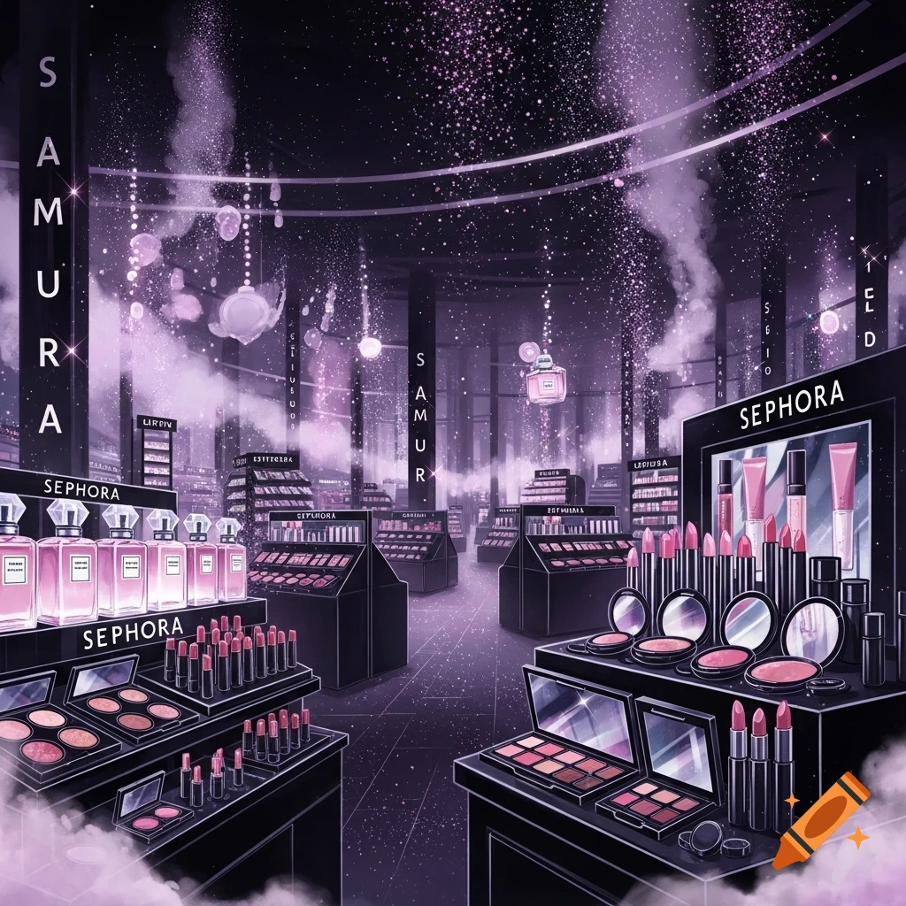 A dream-like, stylized Sephora store interior with purple hues, glitter, and smoke, featuring displays of perfumes and makeup.