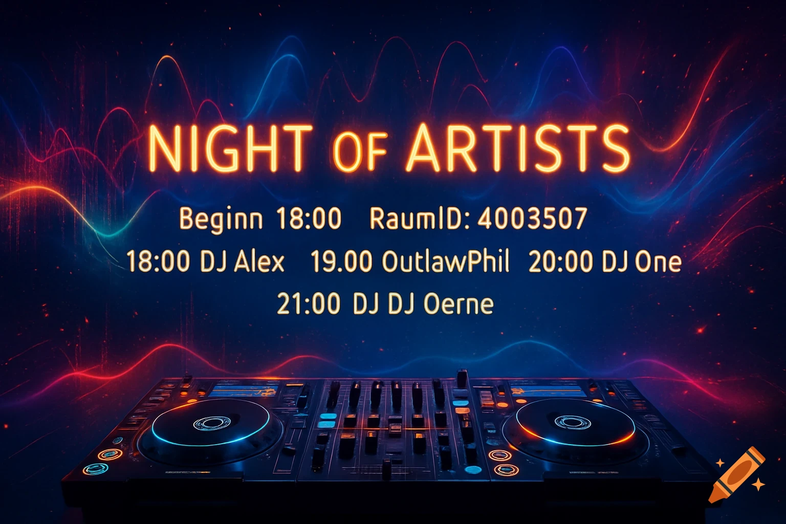 Neon-lit banner for 'Night of Artists' event with a DJ mixer in the foreground and abstract light waves in the background.