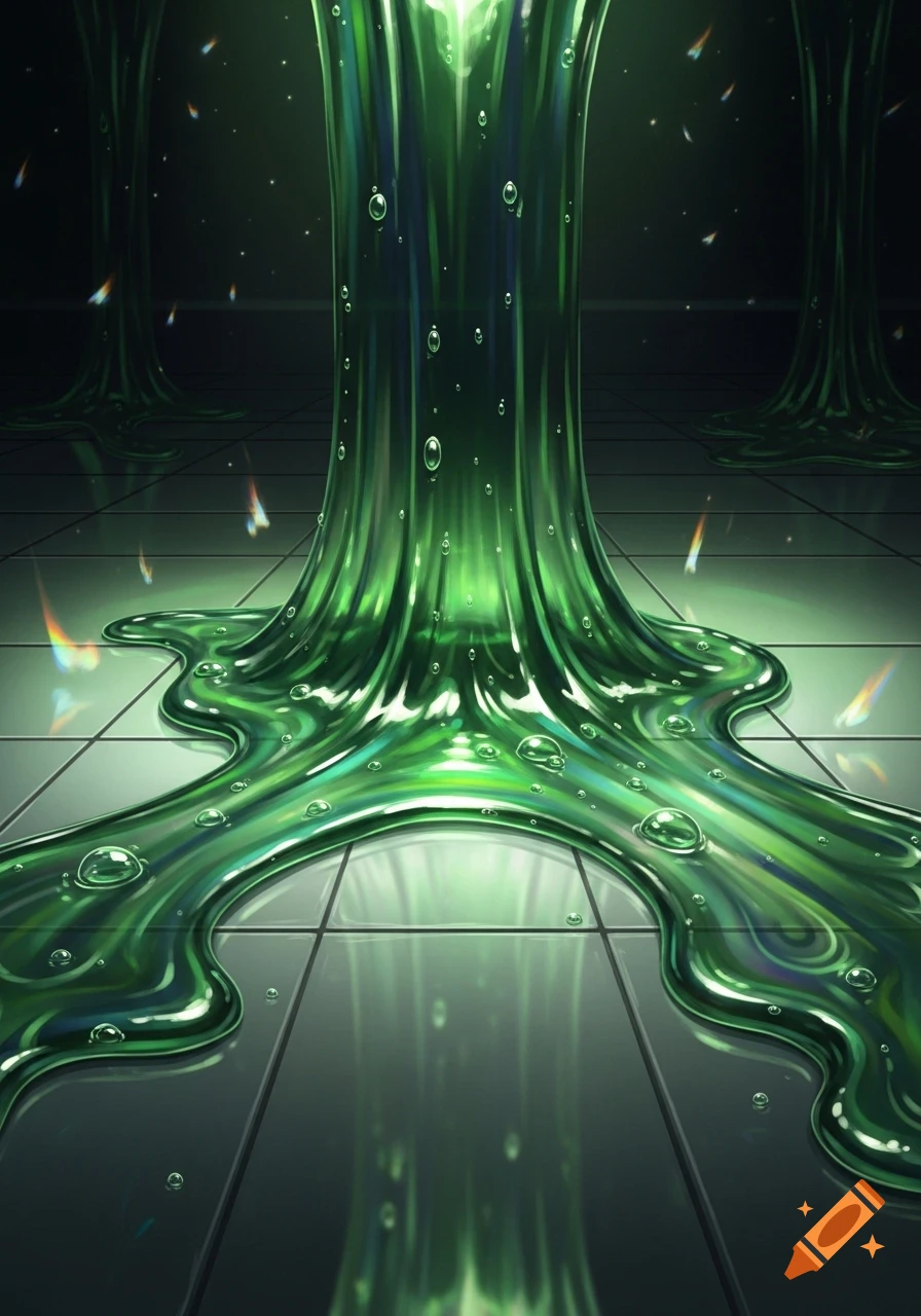 Thick, luminous green slime drips and spreads across a dark tiled floor, with bubbles, reflections, and glowing particles.