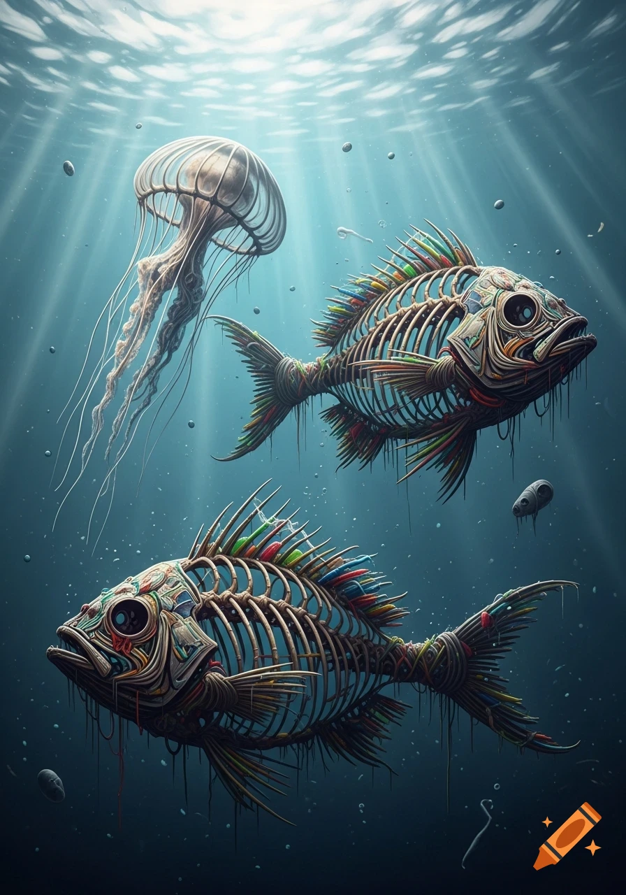 Two colorful, plastic skeleton fish and a jellyfish swim in clear blue water with sun rays filtering from above.