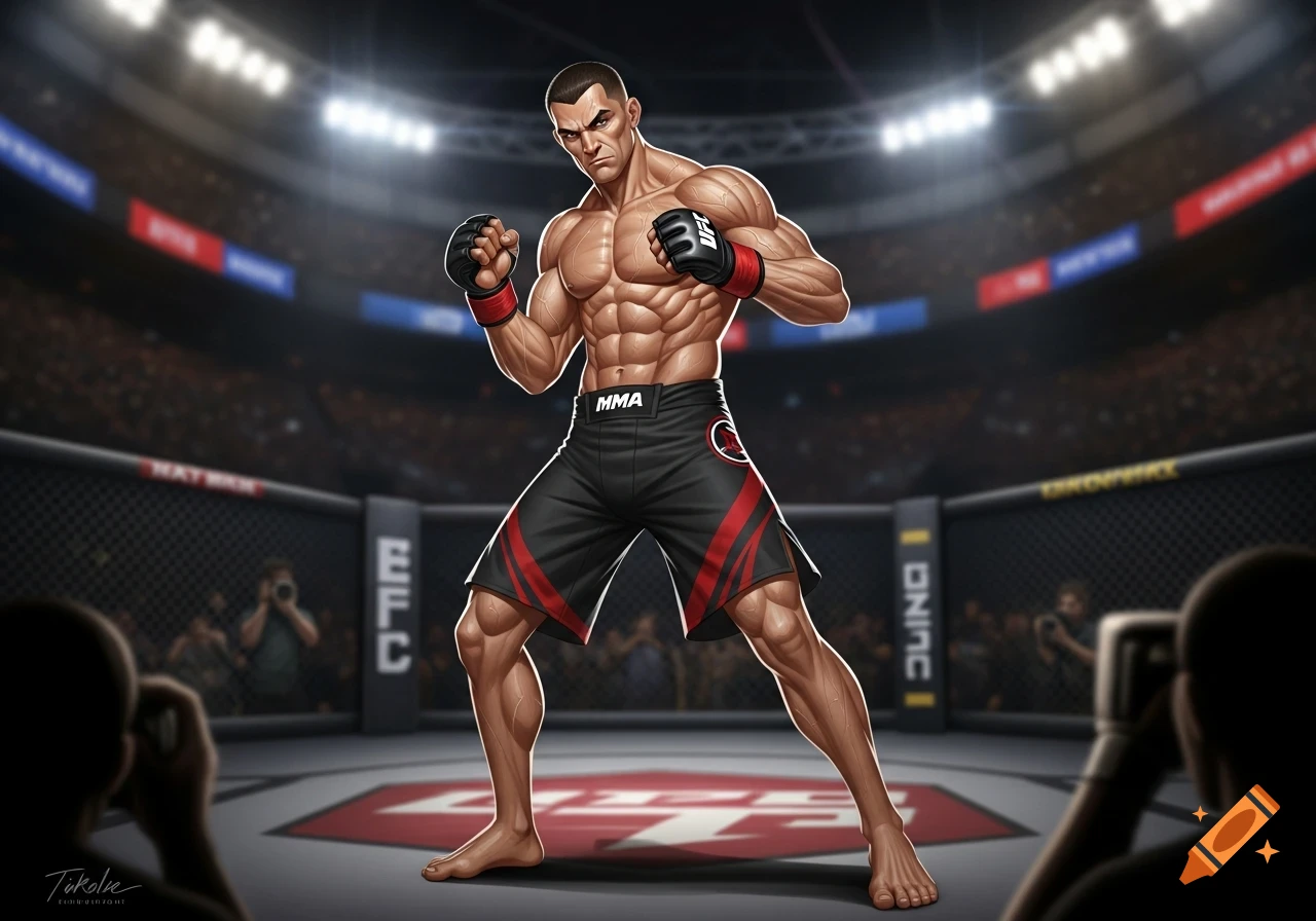 Stylized illustration of a muscular male MMA fighter with dark hair and gloves, standing barefoot in a fighting cage in a lit arena.