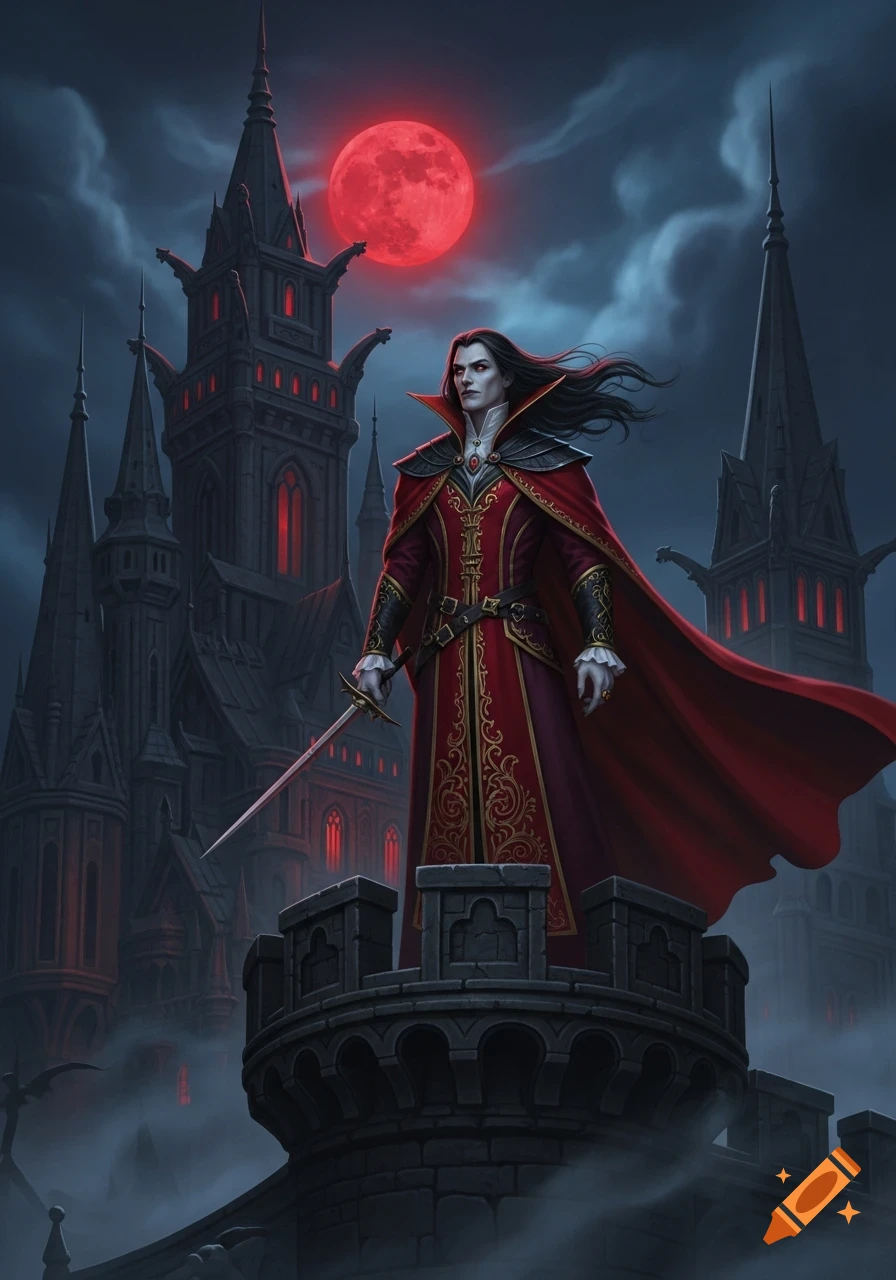 A vampire in a red and gold coat stands on a gothic castle tower under a blood-red moon, holding a sword.