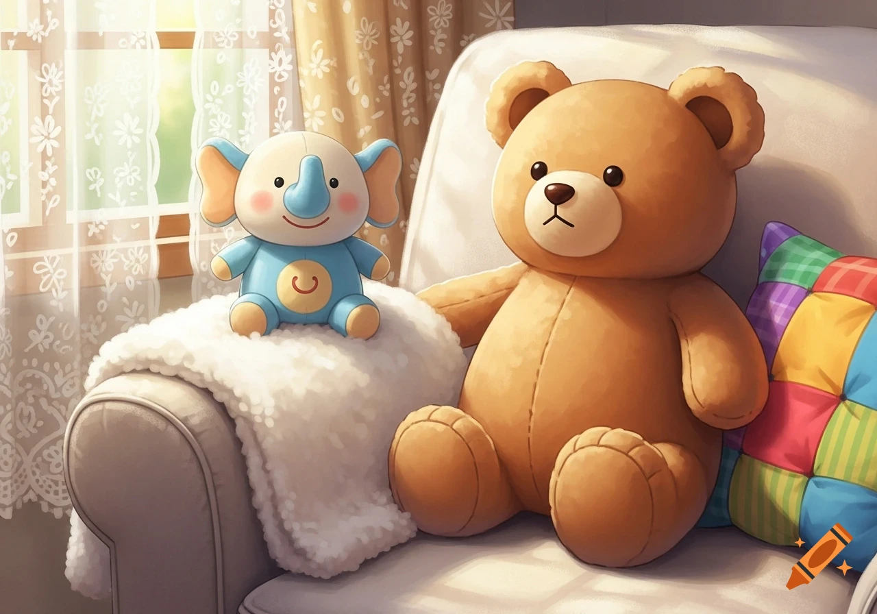 A cute illustration of a brown teddy bear and a blue elephant plushie on a white blanket covering a sofa, with a colorful cushion and sunlit window.