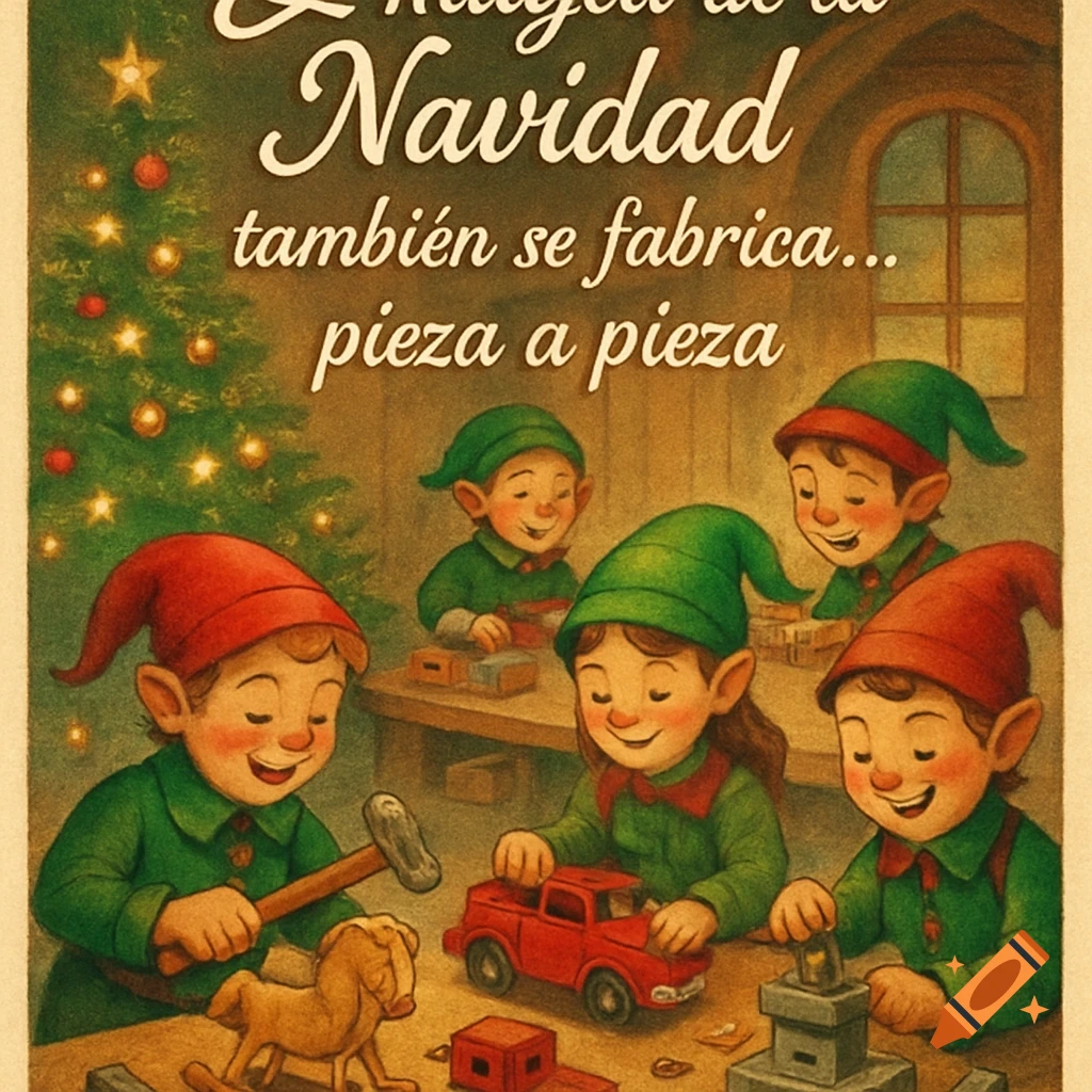 Vintage illustration of elves making toys in a workshop, with a Christmas tree and text 'La magia de la Navidad también se fabrica... pieza a pieza.'