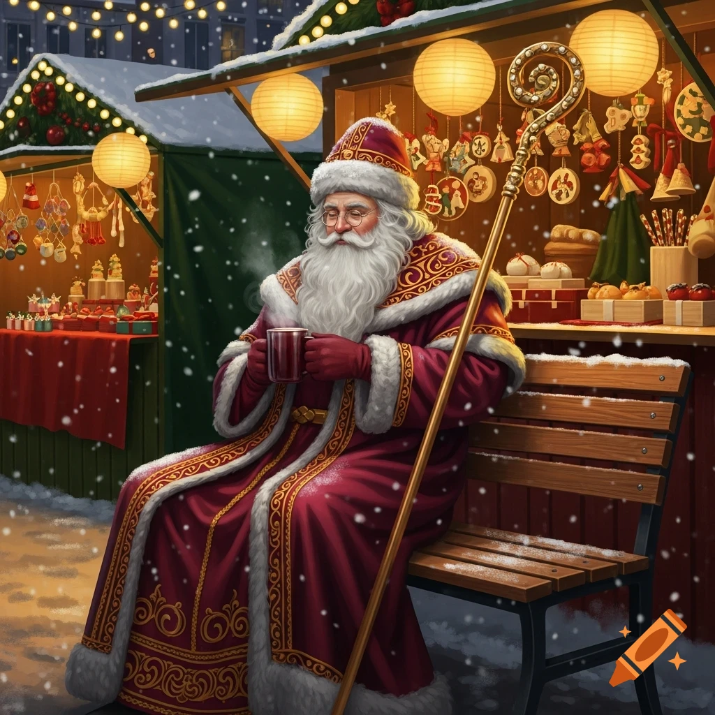 Santa Claus in a red robe sits on a bench at a snowy Christmas market, holding a steaming mug, with stalls adorned with lanterns.