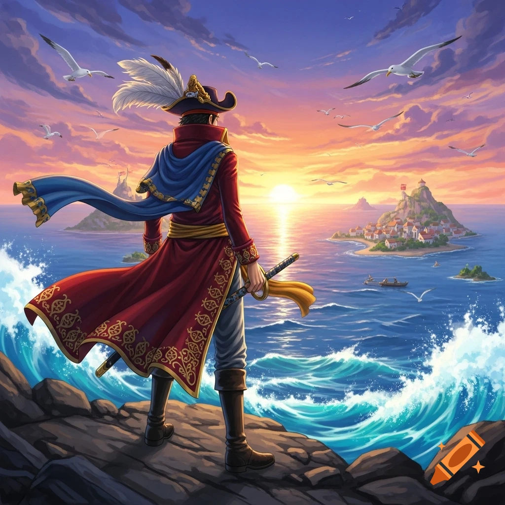 A pirate captain in a red coat and feathered hat stands on a cliff, gazing at a sunset over the ocean with a distant island city, in an anime art style.