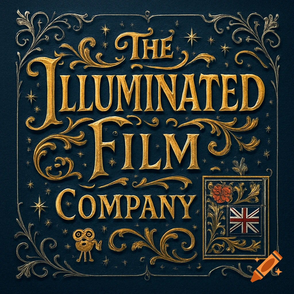 Ornate gold lettering for 'The Illuminated Film Company' with filigree, stars, a camera icon, and a Union Jack flag on a dark blue background.