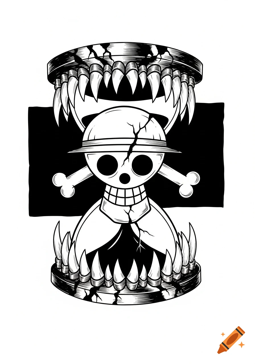 A black and white pirate Jolly Roger with a skull wearing a straw hat and crossed bones, framed by an hourglass of monster jaws with sharp teeth, in a gritty, hand-drawn style.