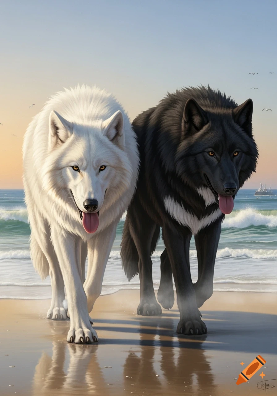 Two majestic wolves, one white and one black, walk on a sandy beach with ocean waves and a sunset sky in the background.