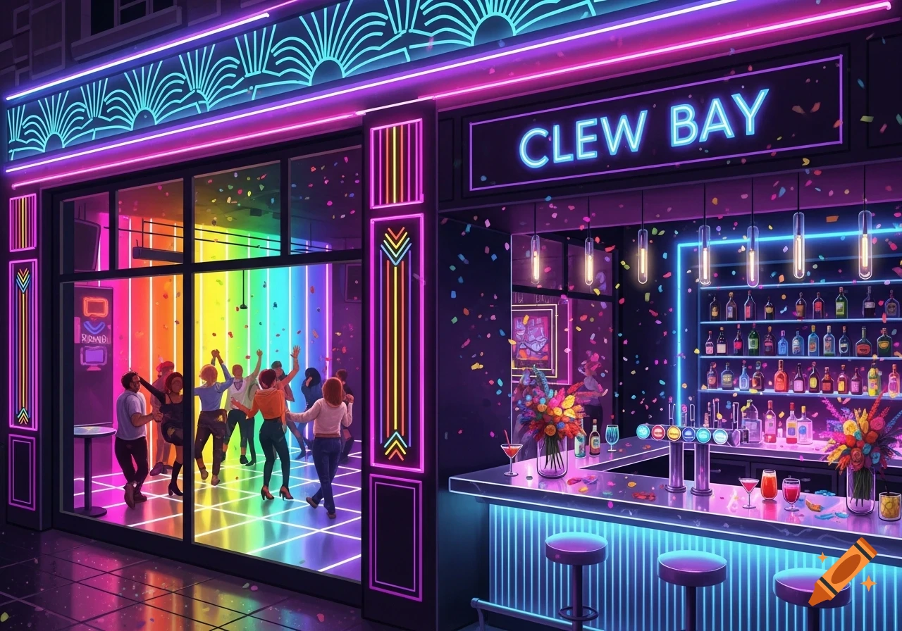 A vibrant, neon-lit 'Clew Bay' bar at night, with people dancing in a rainbow-colored room and a fully stocked bar with glowing stools.