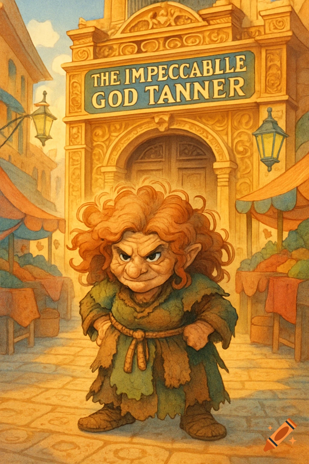 A wild-haired dwarven hag in rags stands on a street in front of 'The Impeccable God Tanner' shop, painted in a vibrant watercolor style.