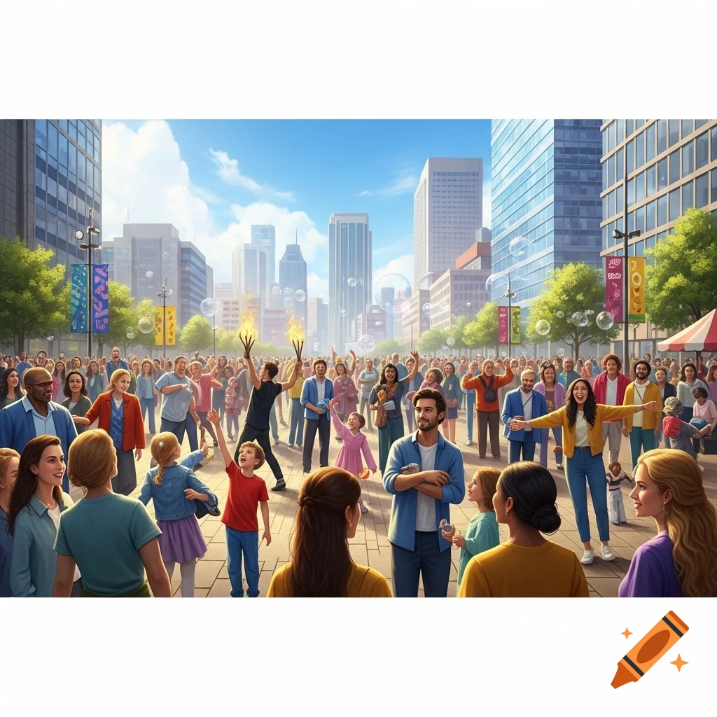 A large crowd of people gathered in a sunny city street, with a performer twirling fire torches and bubbles floating in the air.