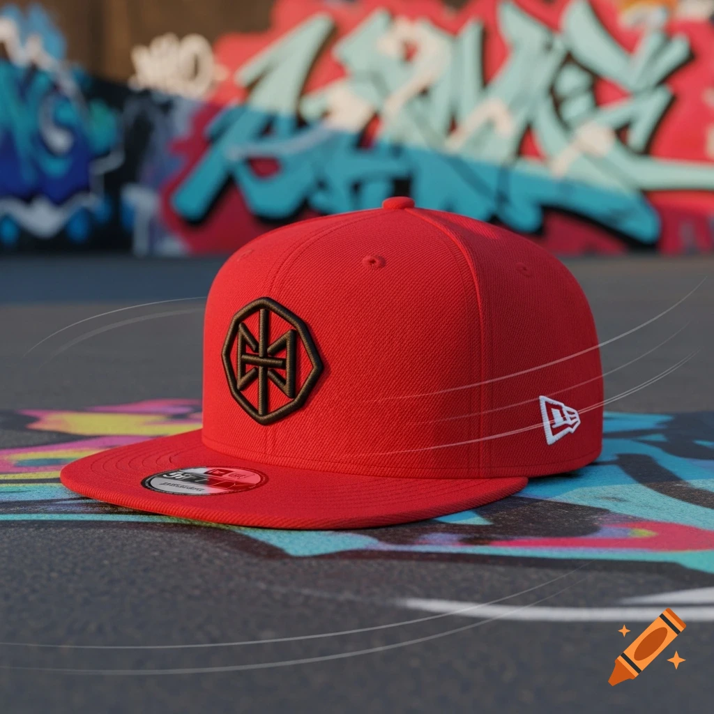 A vibrant red hip-hop style baseball cap featuring a black hexagonal logo and a white New Era logo, set against a colorful graffiti-painted wall with a blurred background.