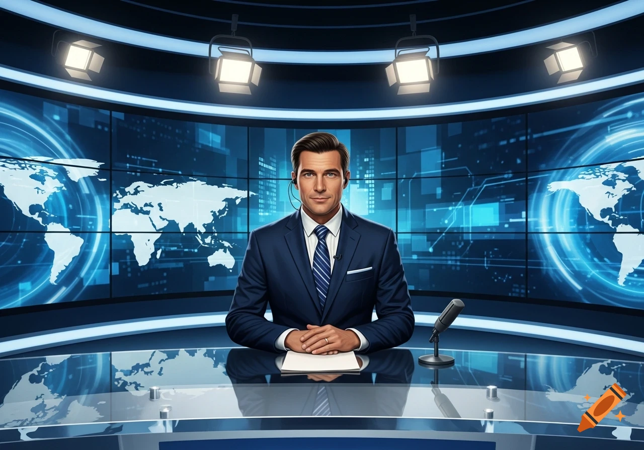 Photorealistic male news anchor in a blue suit sits at a desk in a modern news studio with global maps on screens.