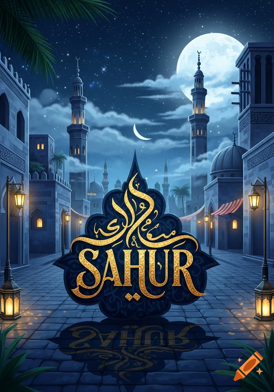 Illustrated night scene of an Islamic city with minarets, a full moon, and lanterns, featuring gold text 'SAHUR' and Arabic script.