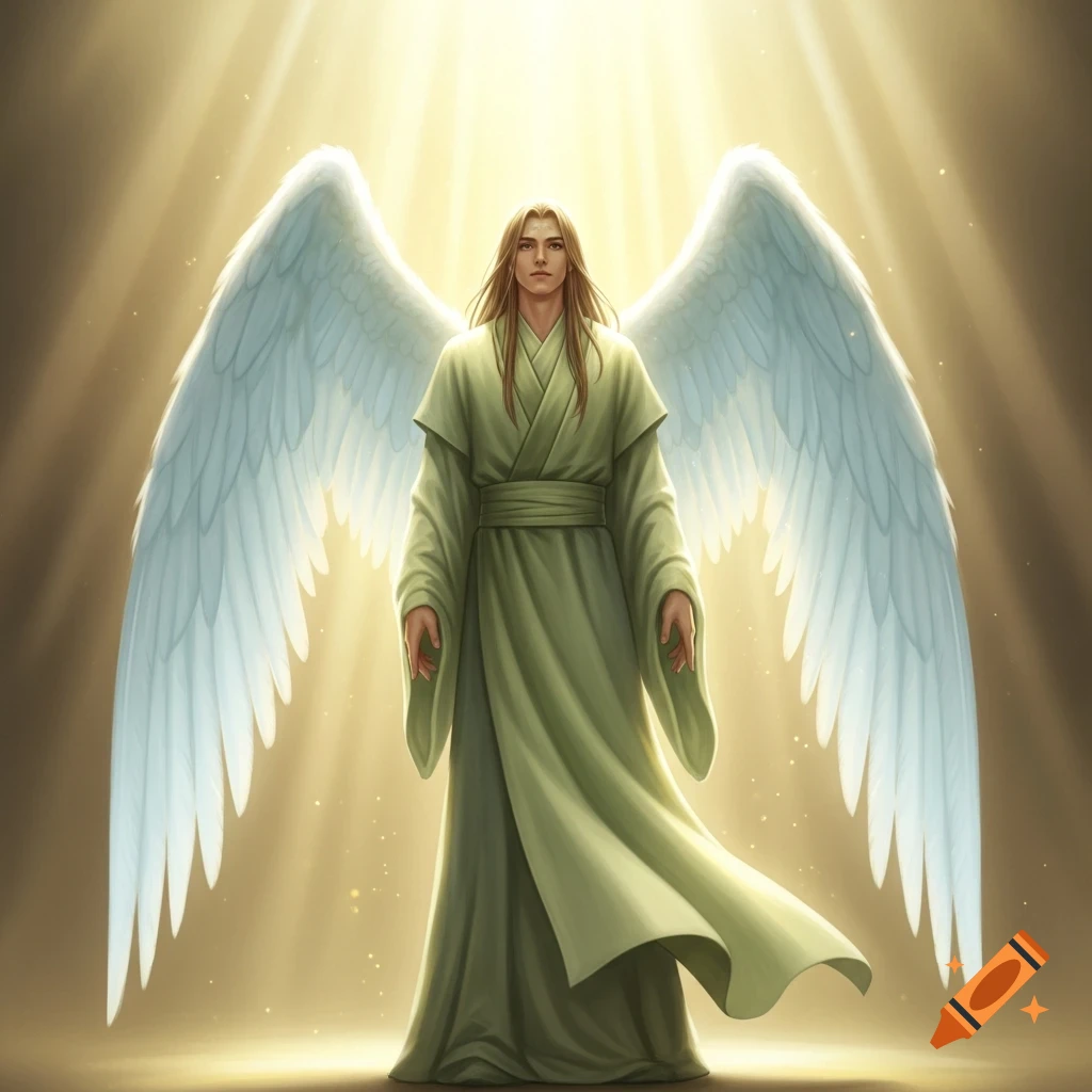 An angelic figure with long light brown hair, green robes, and light blue wings, standing bathed in heavenly golden light.