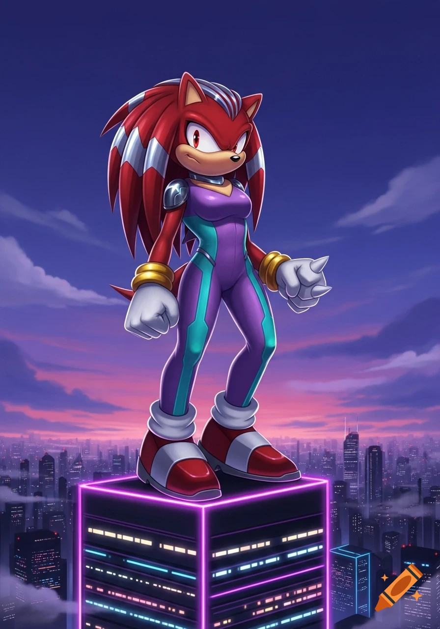 A female red echidna in a purple and teal bodysuit stands atop a neon-lit skyscraper overlooking a futuristic city at sunset.
