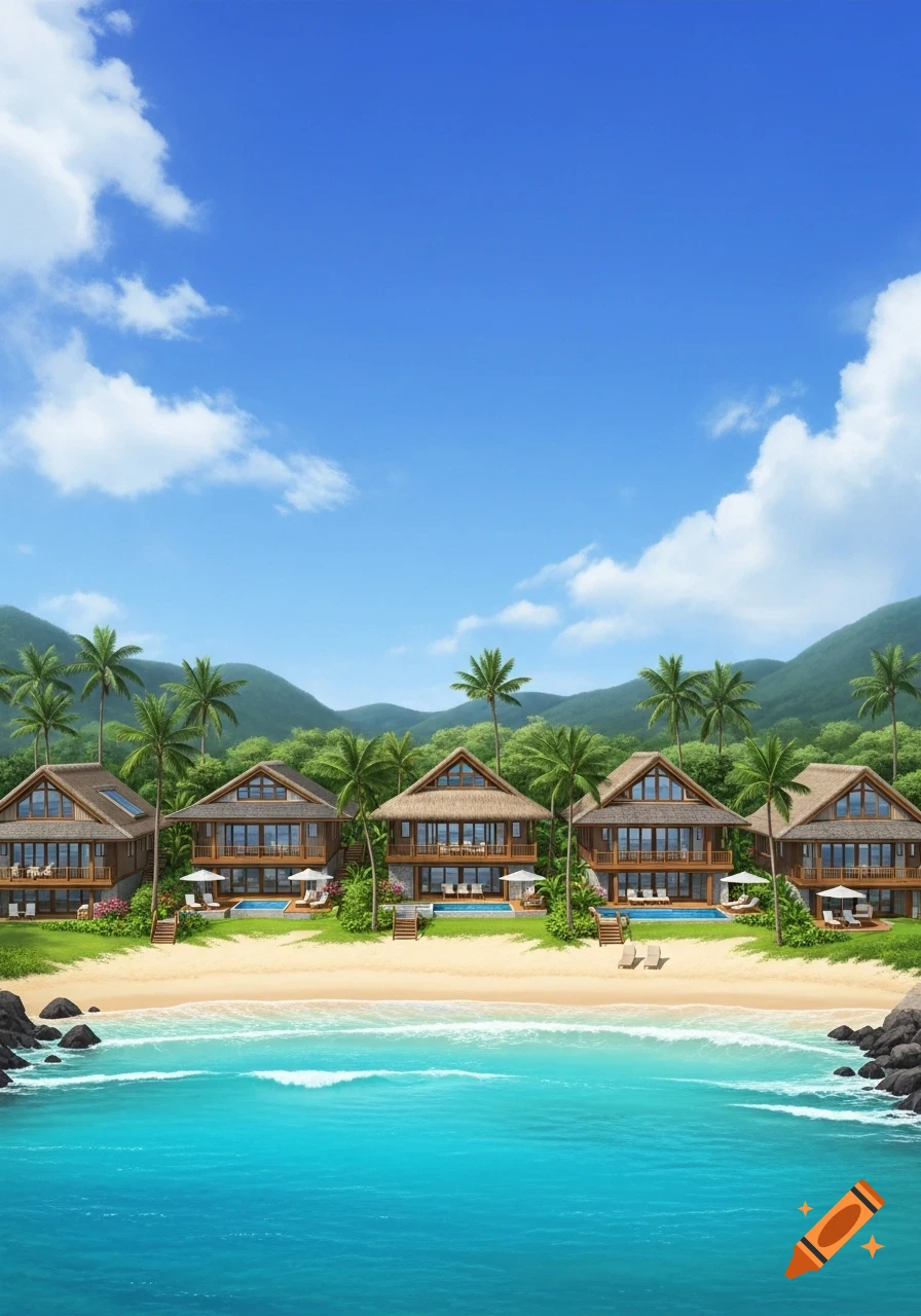 Five wooden bungalows with private pools on a sandy beach, surrounded by palm trees and lush green mountains, under a blue sky with white clouds.