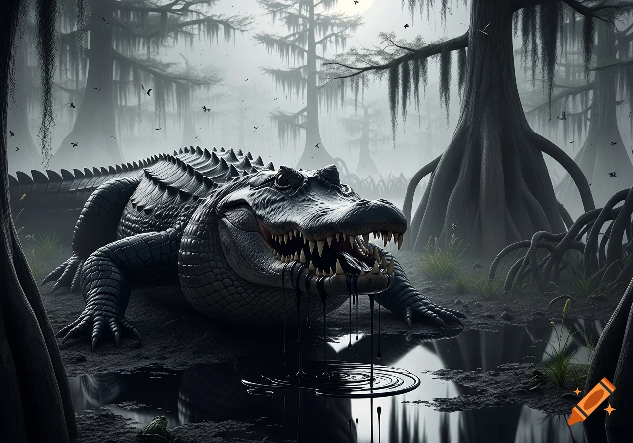 A large, detailed black alligator in a foggy swamp, with black liquid dripping from its open mouth into murky water.