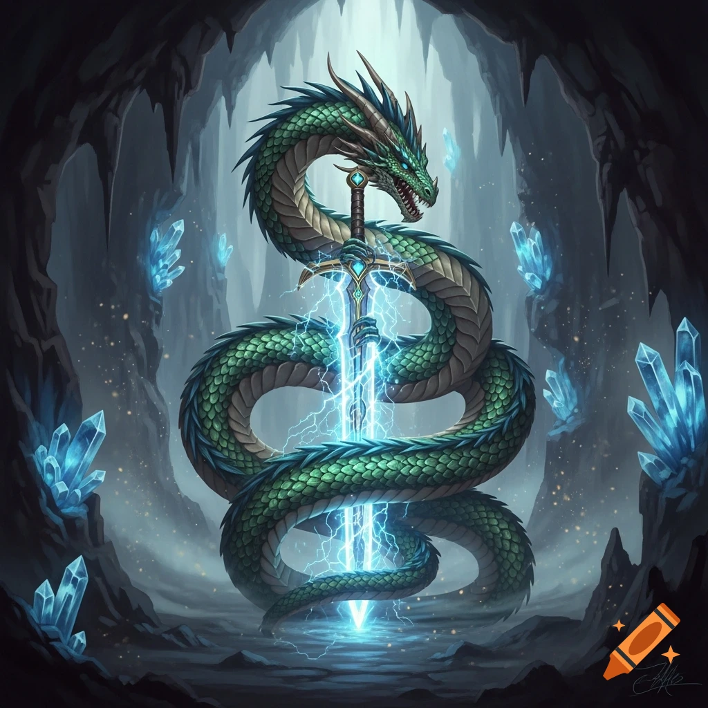 A majestic green scaly dragon coiled around a glowing blue sword, set in a dark cave with radiant blue crystals.