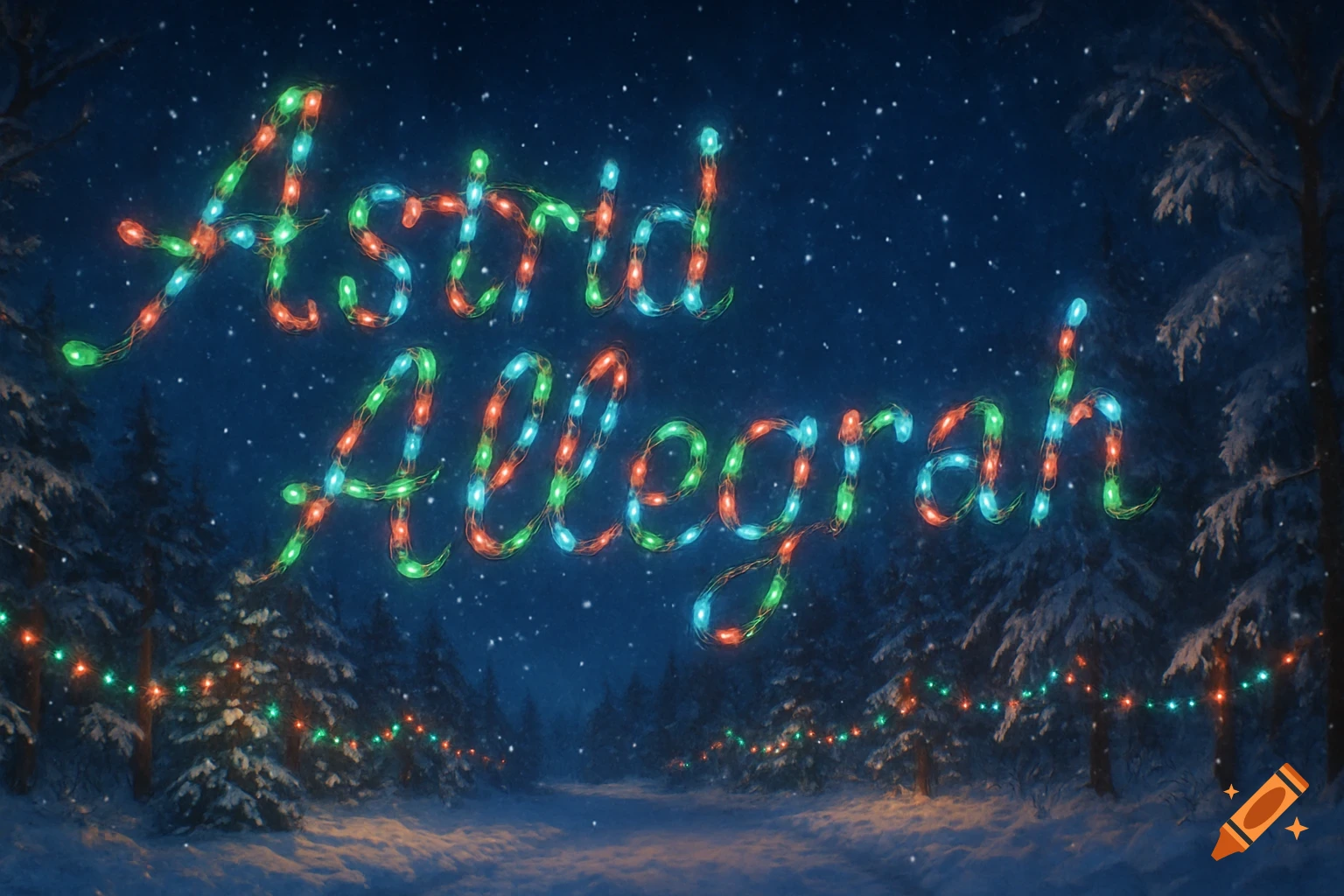 The names Astrid Allegrah spelled out in colorful Christmas lights in a snowy forest at night under a starry sky.