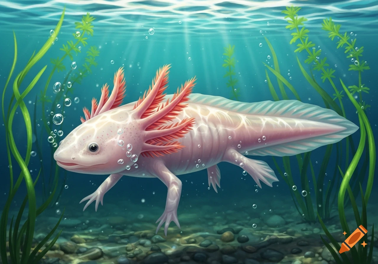 A pink axolotl with feathery red gills swims underwater amidst green aquatic plants and bubbles, with light rays filtering from the surface.