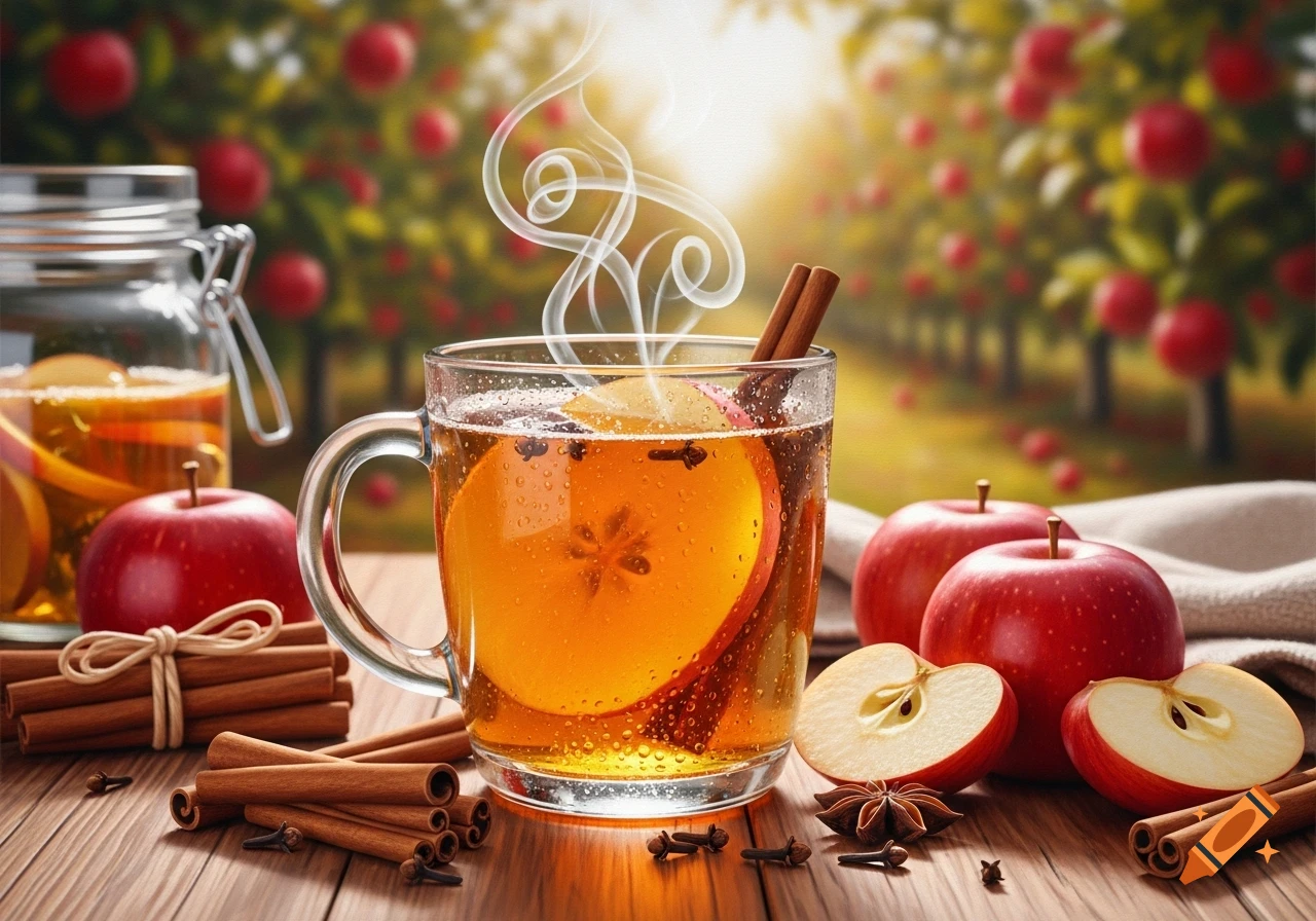 Steaming hot apple cider with cinnamon and apple slices, surrounded by red apples and spices on a wooden table in an apple orchard.