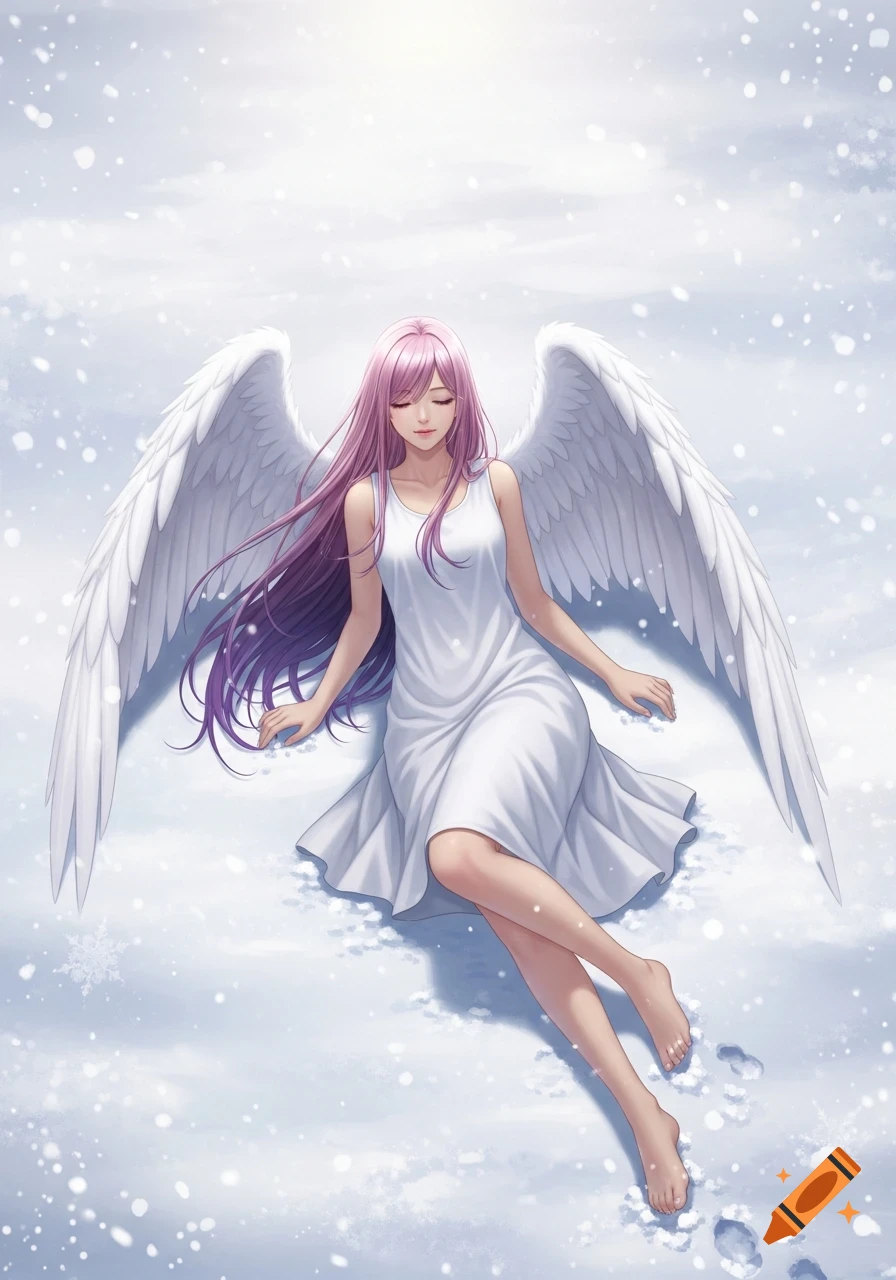 Anime woman with long pink and purple hair, white angel wings, and a white dress, lying barefoot in a snowy landscape.