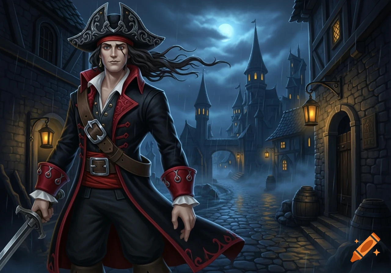 A male pirate in a black and red coat with a sword stands in a cobblestone town at night, castles in the foggy background under a full moon.