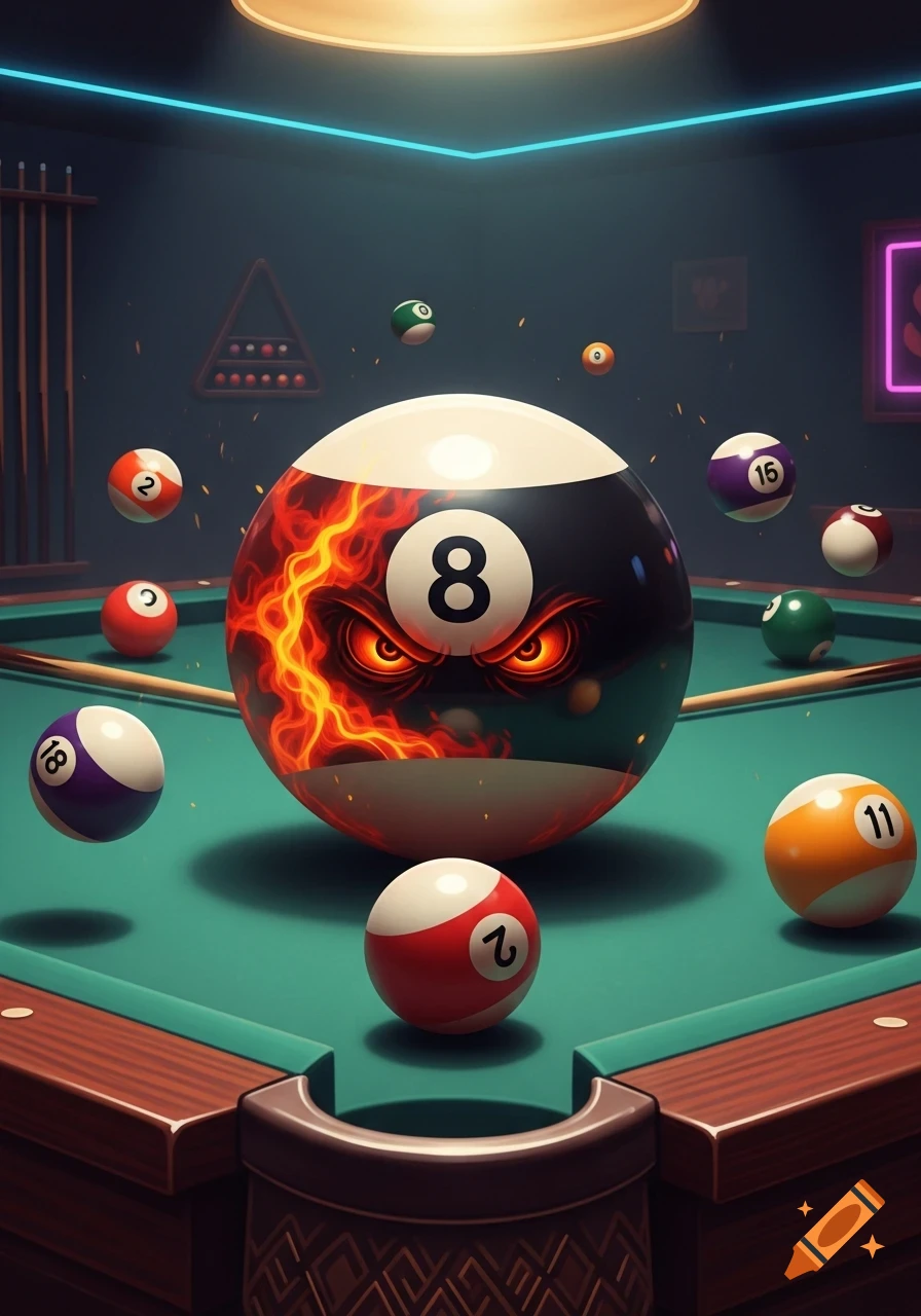 An angry 8-ball with fiery eyes on a pool table, surrounded by other billiard balls in a dark room with neon lights.